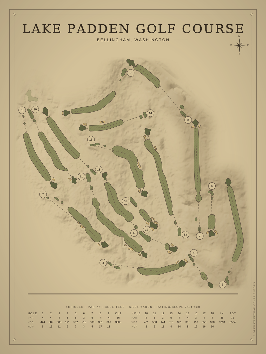 Lake Padden Golf Course map poster, Vintage style, 12×16 / 18×24
