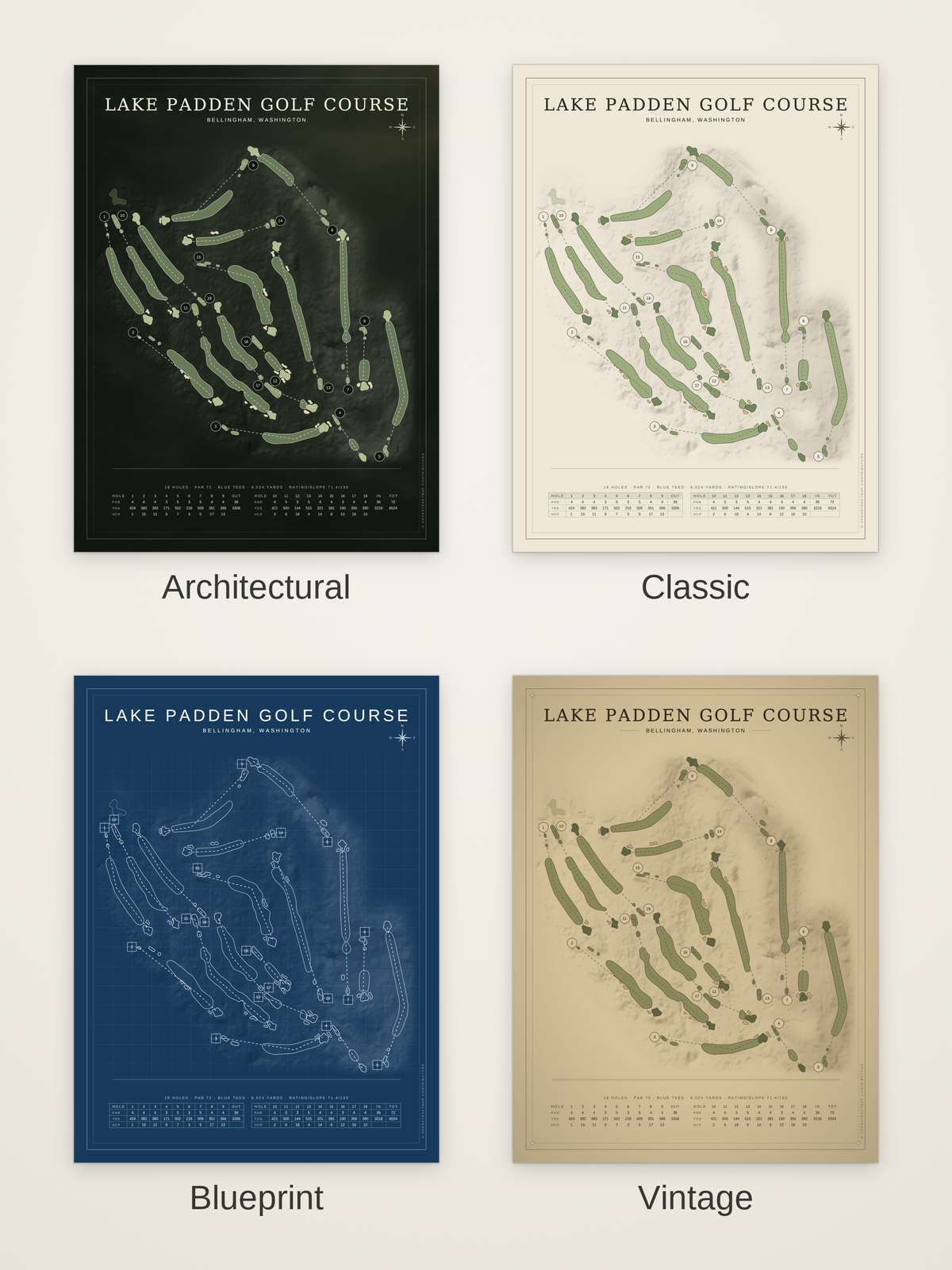 Lake Padden Golf Course map poster in four styles: Architectural, Classic, Blueprint and Vintage