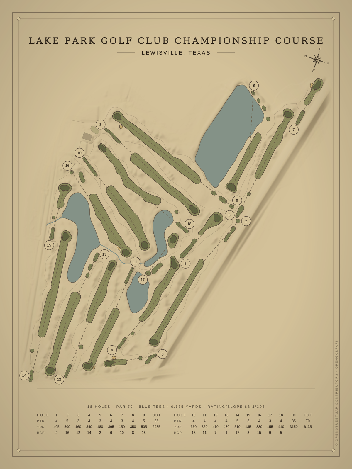 Lake Park Golf Club Championship Course map poster, Vintage style, 12×16 / 18×24