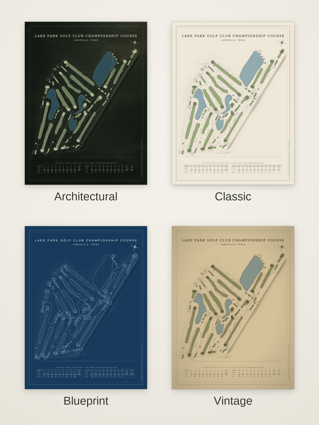 Lake Park Golf Club Championship Course map poster in four styles: Architectural, Classic, Blueprint and Vintage