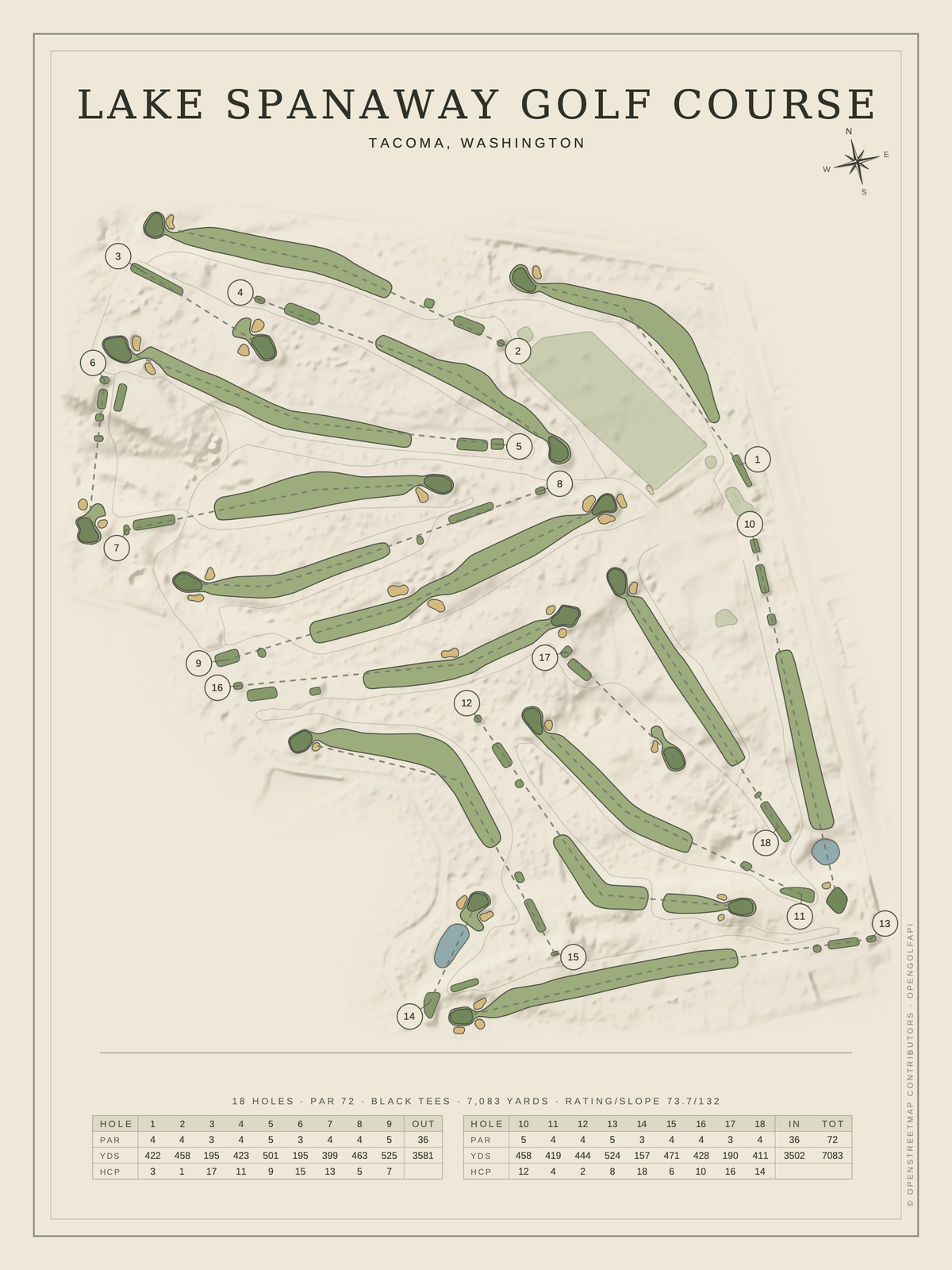 Lake Spanaway Golf Course map poster, Classic style, 12×16 / 18×24