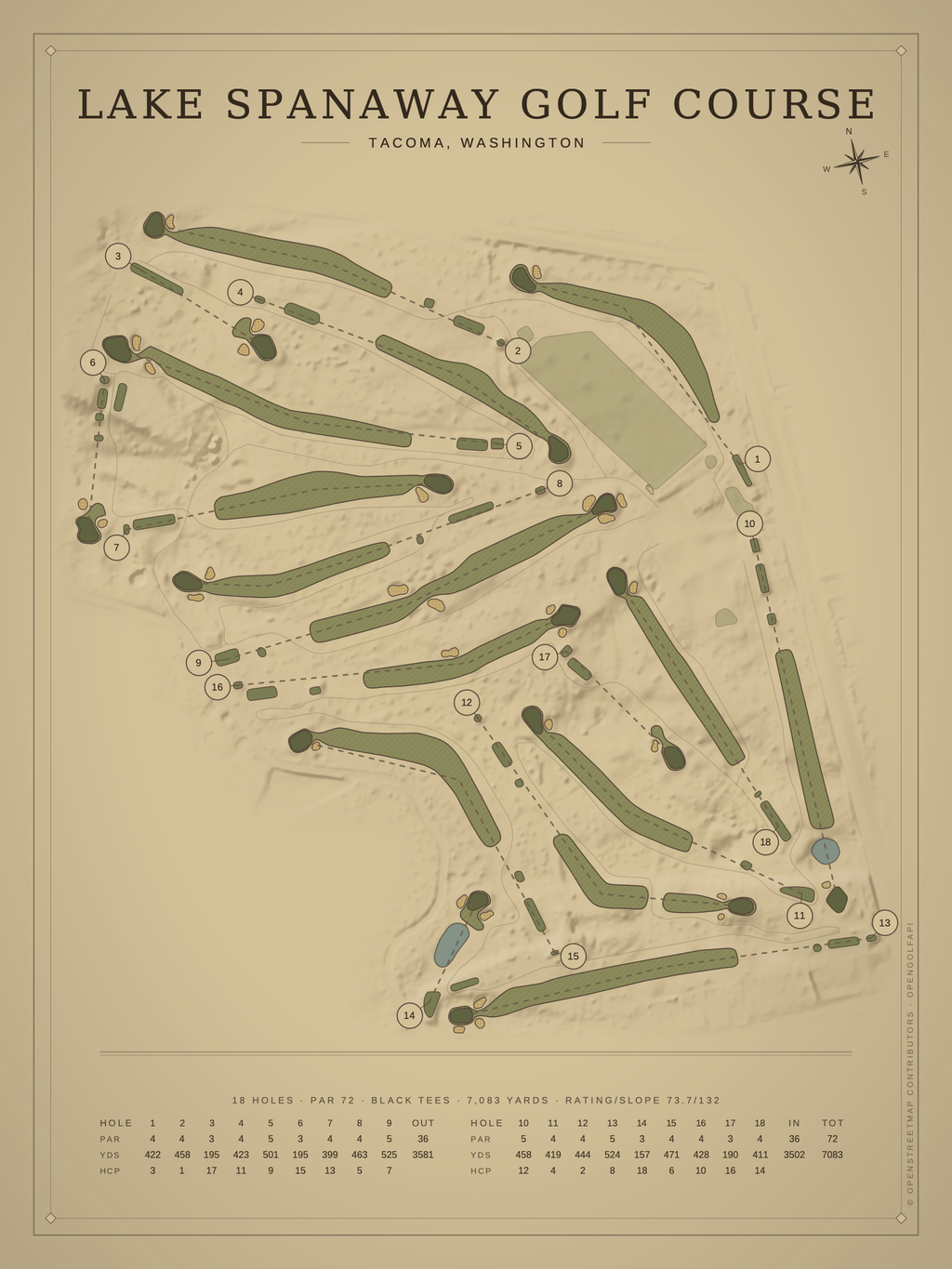 Lake Spanaway Golf Course map poster, Vintage style, 12×16 / 18×24