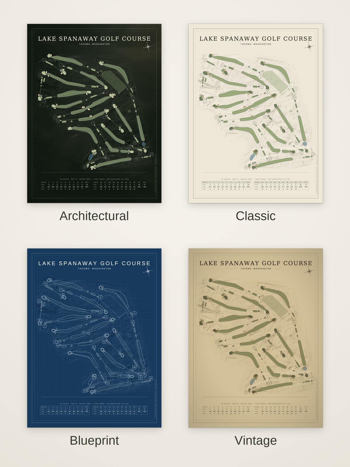 Lake Spanaway Golf Course map poster in four styles: Architectural, Classic, Blueprint and Vintage