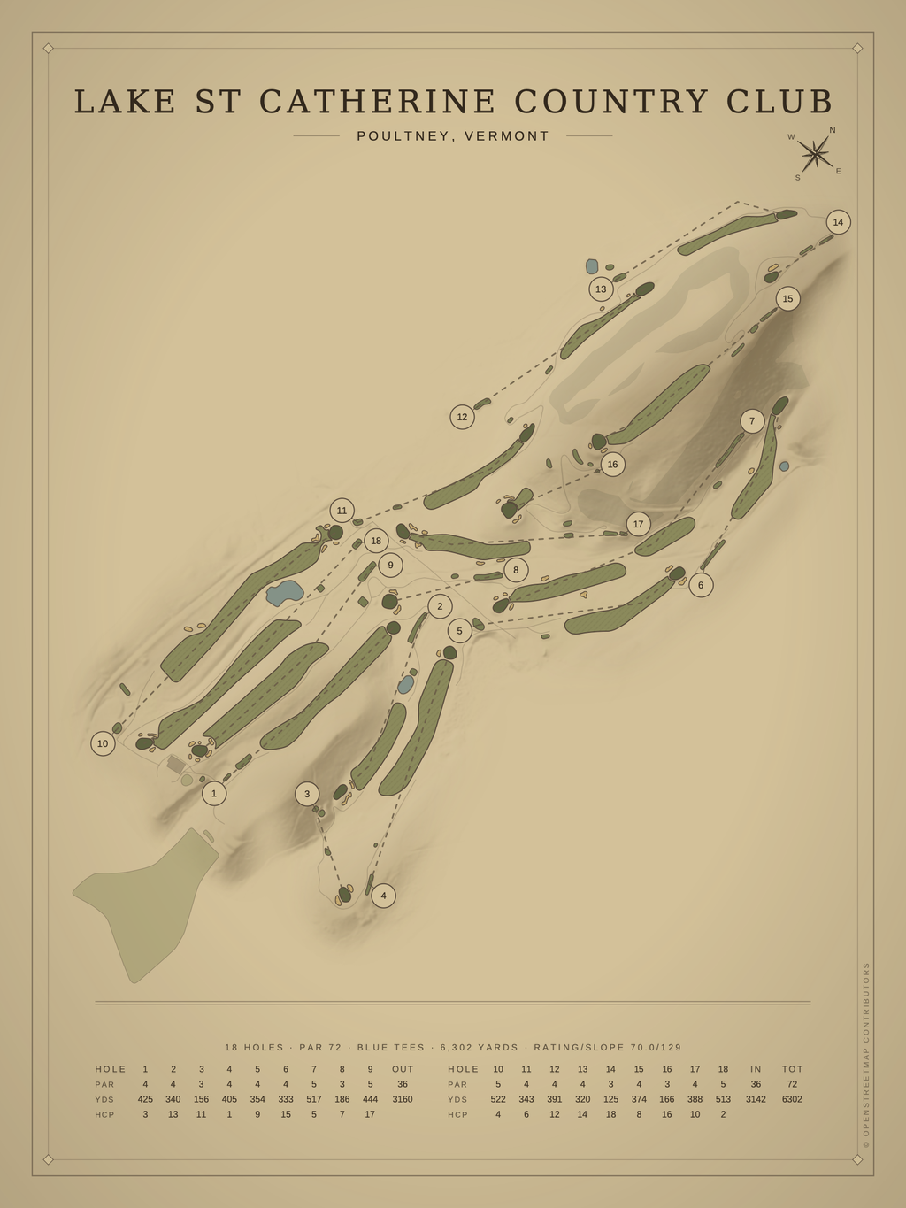 Lake St Catherine Country Club course map poster, Vintage style, 12×16 / 18×24
