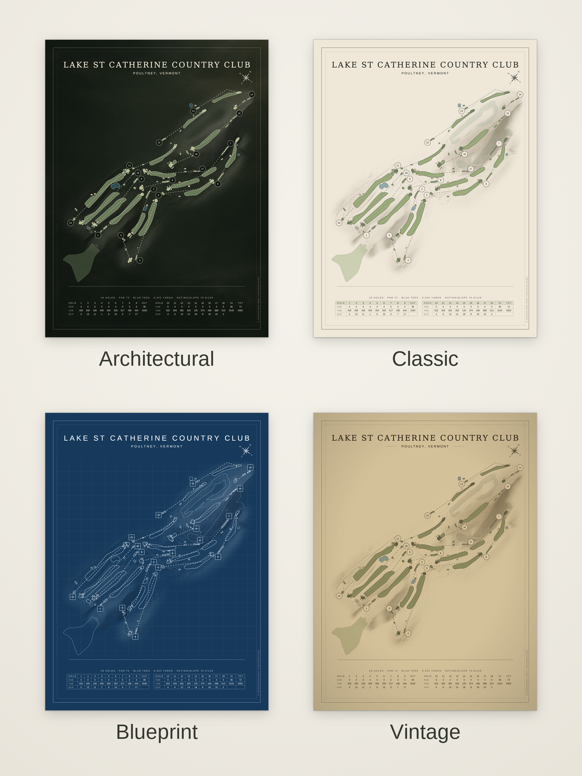Lake St Catherine Country Club course map poster in four styles: Architectural, Classic, Blueprint and Vintage