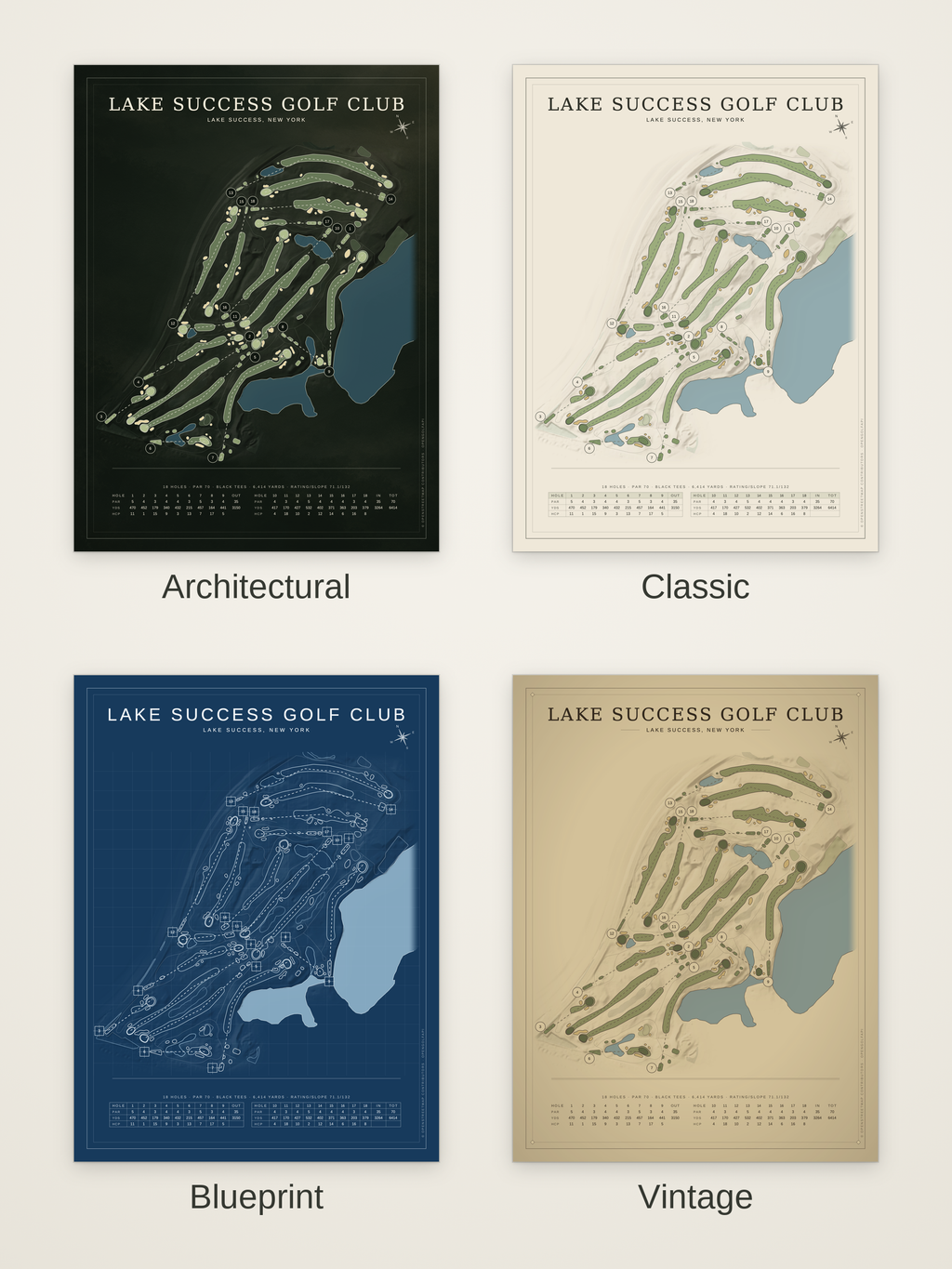 Lake Success Golf Club course map poster in four styles: Architectural, Classic, Blueprint and Vintage