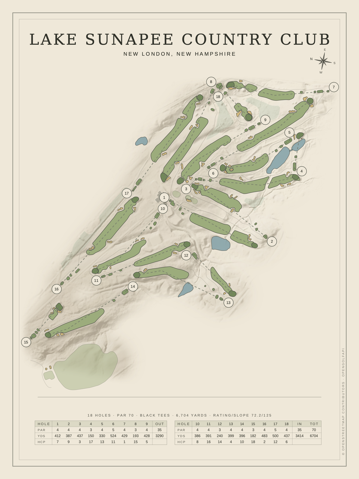 Lake Sunapee Country Club course map poster, Classic style, 12×16 / 18×24