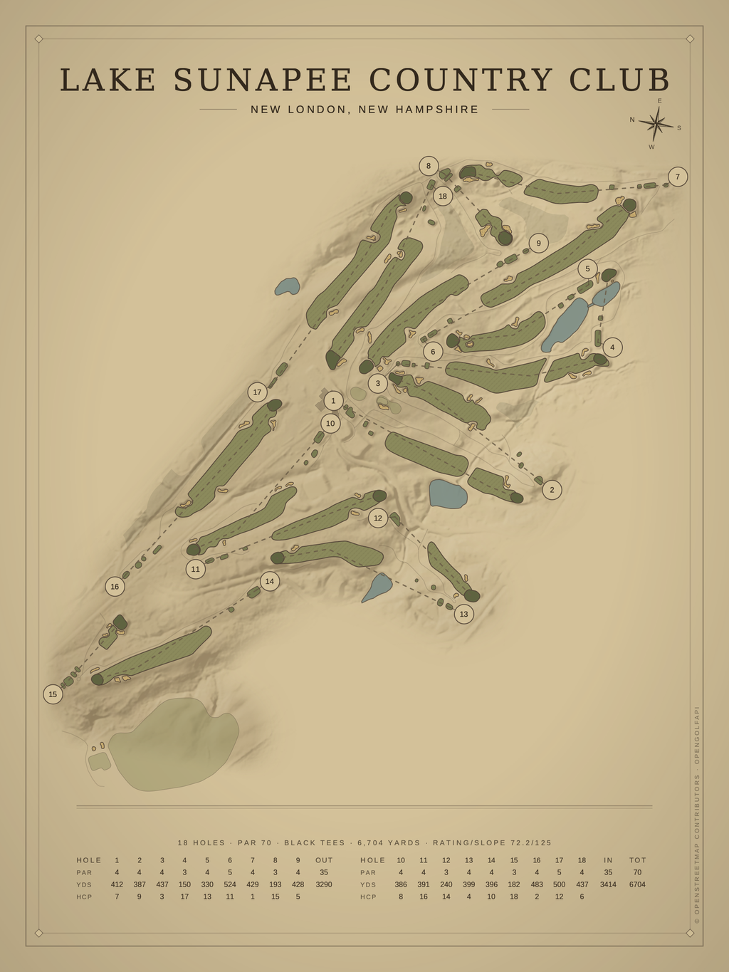 Lake Sunapee Country Club course map poster, Vintage style, 12×16 / 18×24