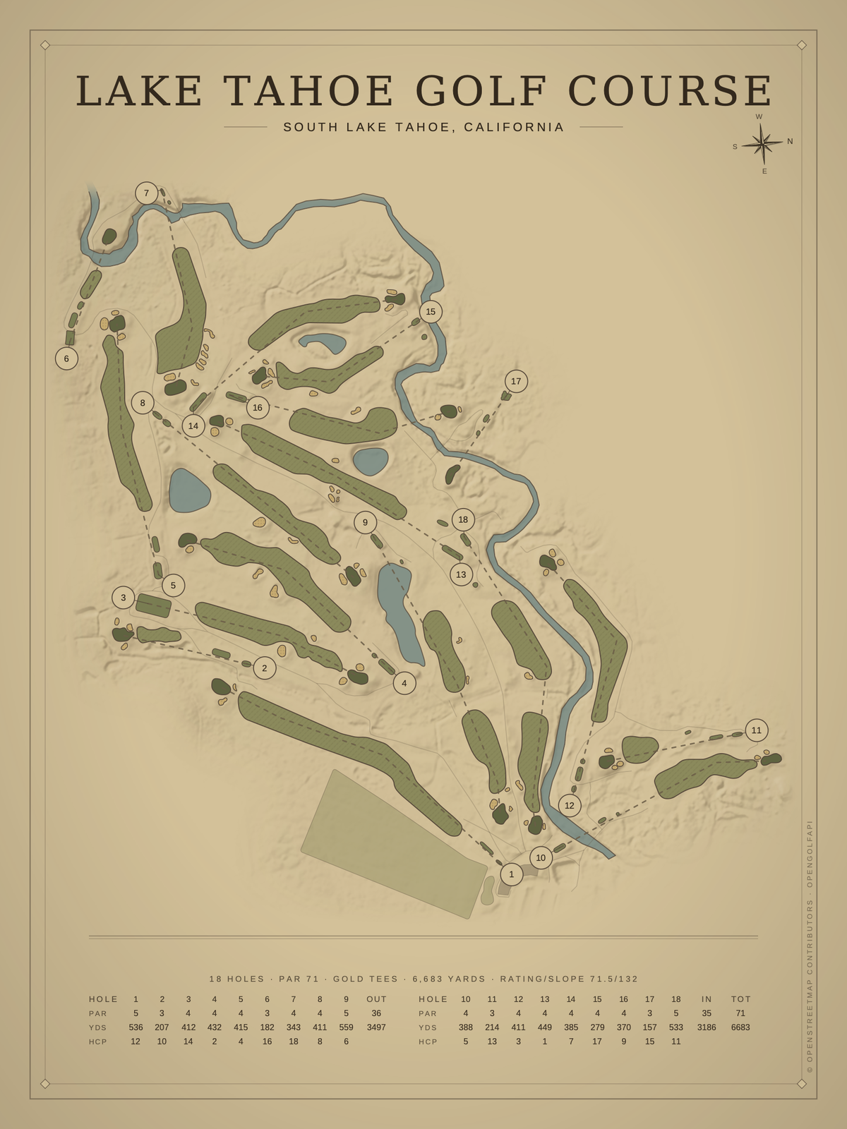 Lake Tahoe Golf Course map poster, Vintage style, 12×16 / 18×24