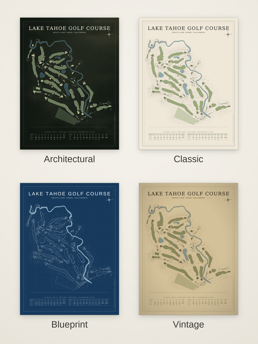 Lake Tahoe Golf Course map poster in four styles: Architectural, Classic, Blueprint and Vintage