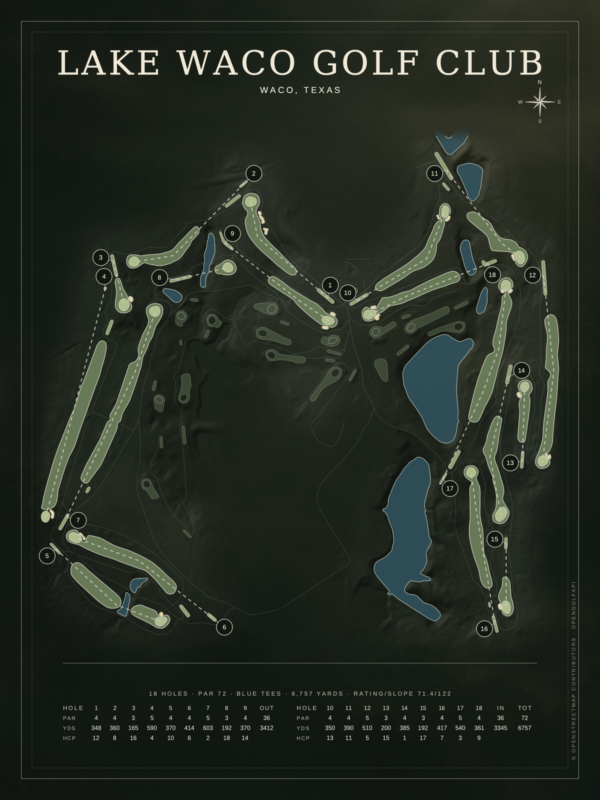 Lake Waco Golf Club course map poster, Architectural style, 12×16 / 18×24