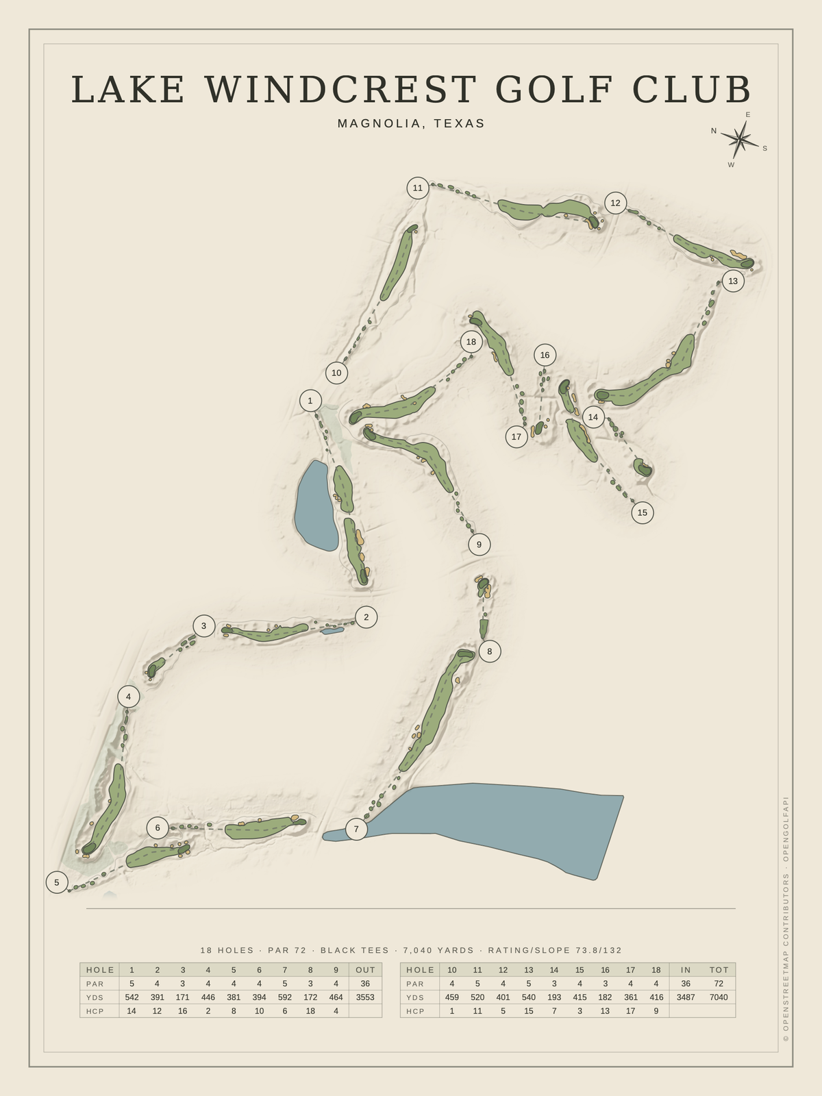 Lake Windcrest Golf Club course map poster, Classic style, 12×16 / 18×24