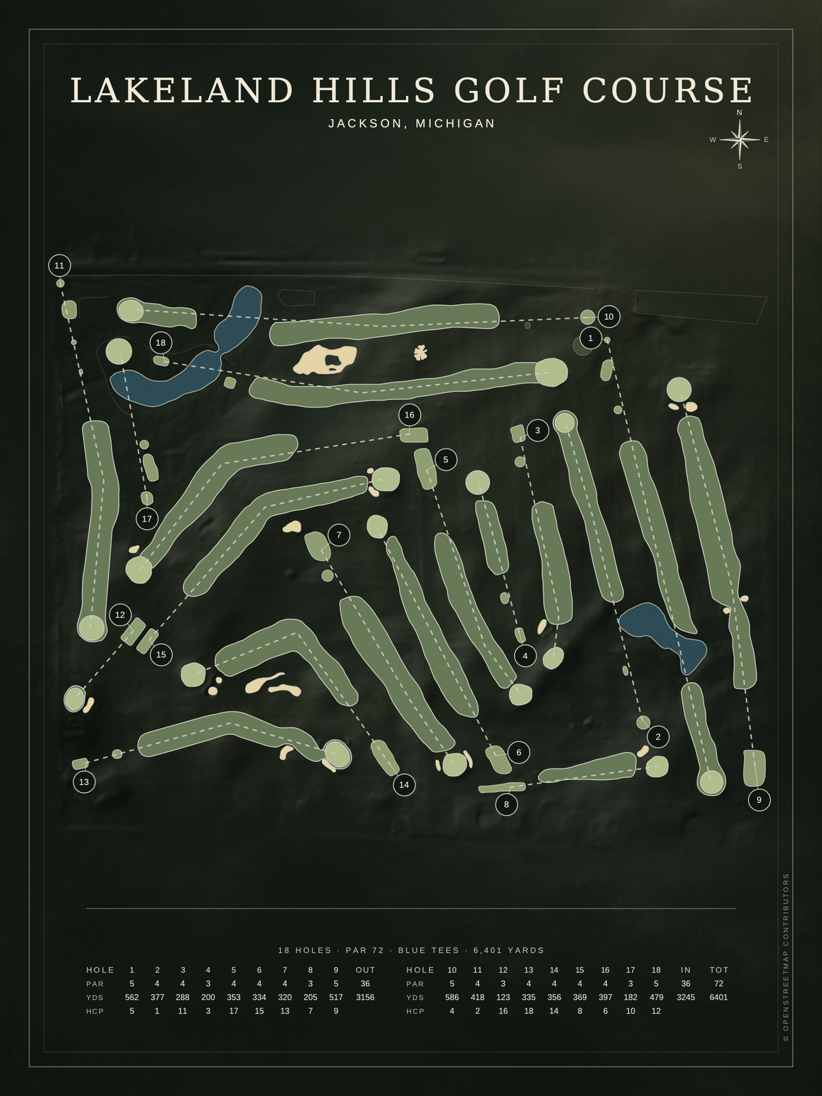 Lakeland Hills Golf Course map poster, Architectural style, 12×16 / 18×24