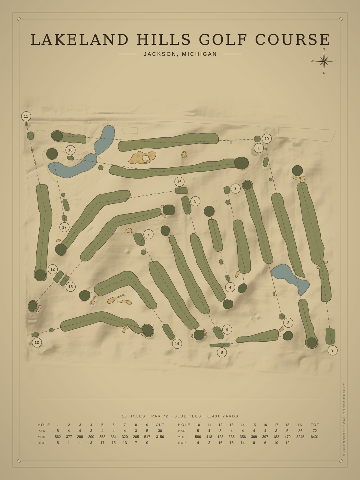 Lakeland Hills Golf Course map poster, Vintage style, 12×16 / 18×24