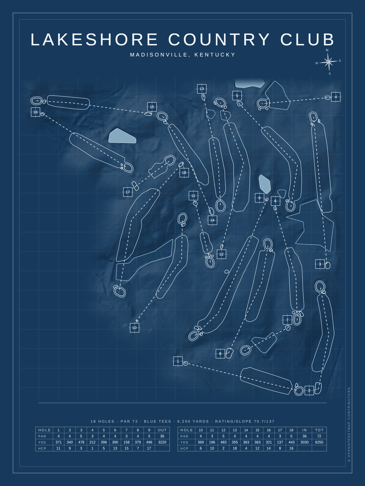 Lakeshore Country Club course map poster, Blueprint style, 12×16 / 18×24