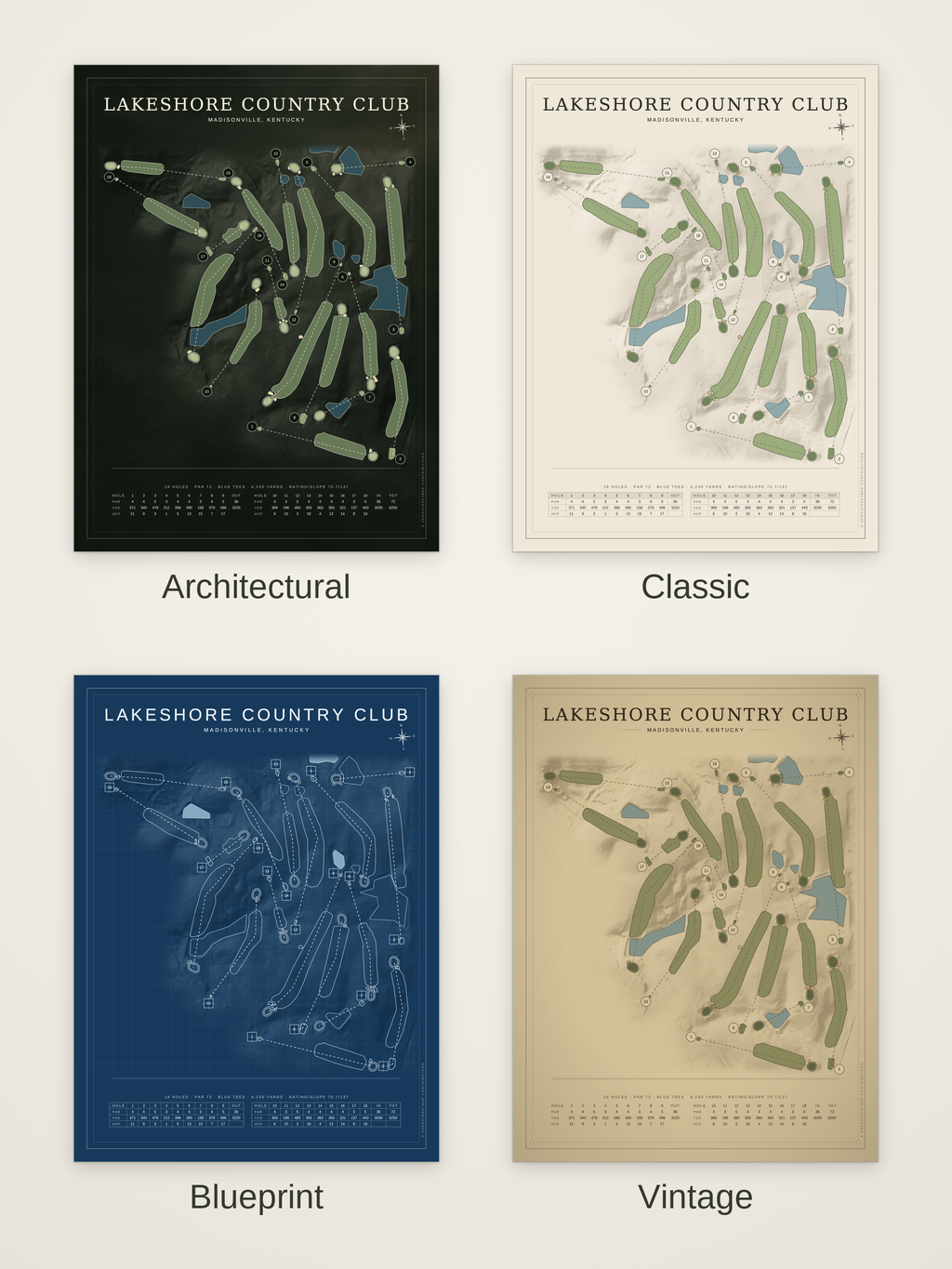 Lakeshore Country Club course map poster in four styles: Architectural, Classic, Blueprint and Vintage