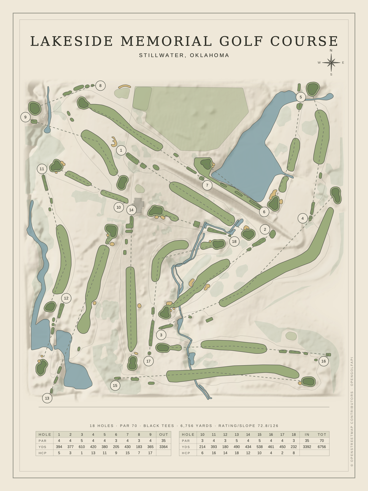 Lakeside Memorial Golf Course map poster, Classic style, 12×16 / 18×24