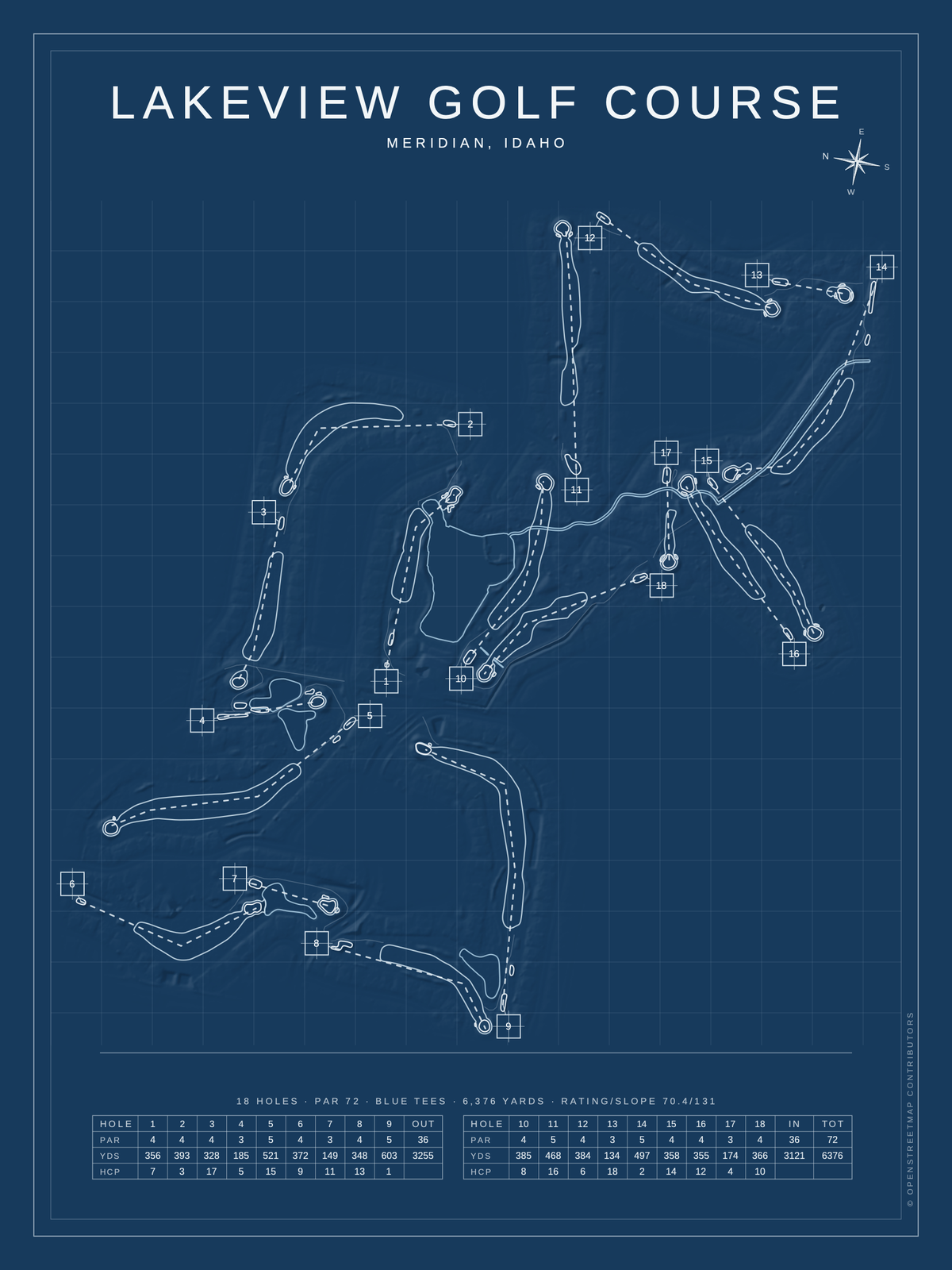 Lakeview Golf Course map poster, Blueprint style, 12×16 / 18×24