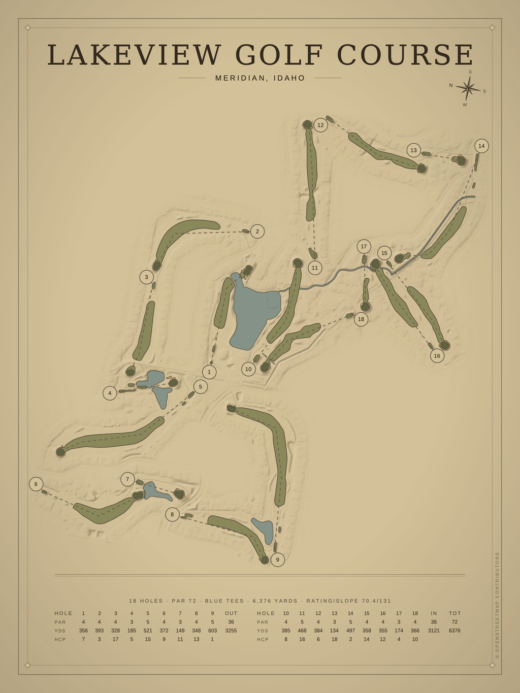 Lakeview Golf Course map poster, Vintage style, 12×16 / 18×24