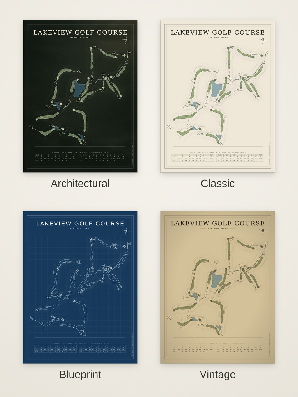 Lakeview Golf Course map poster in four styles: Architectural, Classic, Blueprint and Vintage