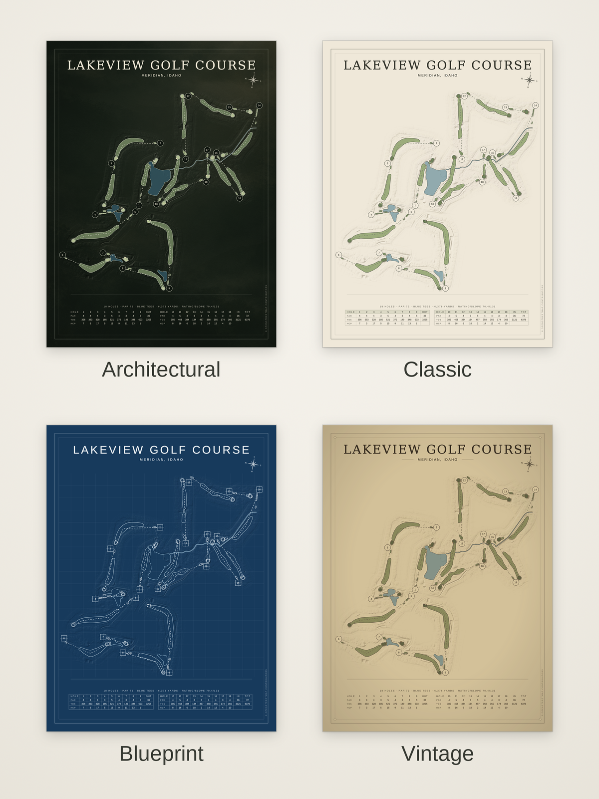 Lakeview Golf Course map poster in four styles: Architectural, Classic, Blueprint and Vintage