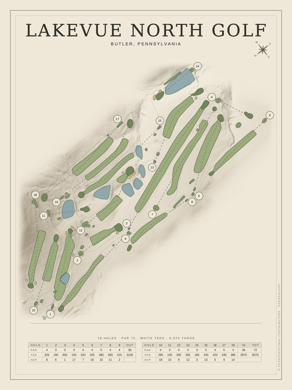 Lakevue North Golf course map poster, Classic style, 12×16 / 18×24