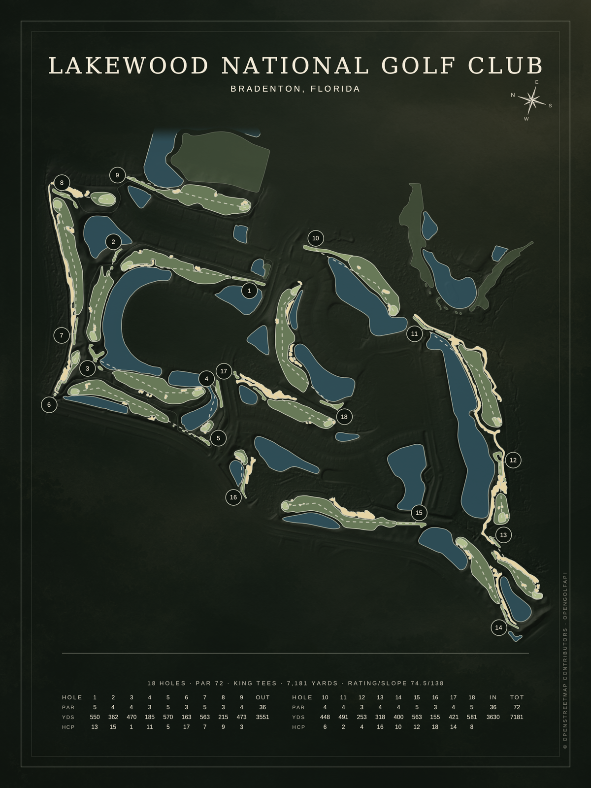 Lakewood National Golf Club course map poster, Architectural style, 12×16 / 18×24