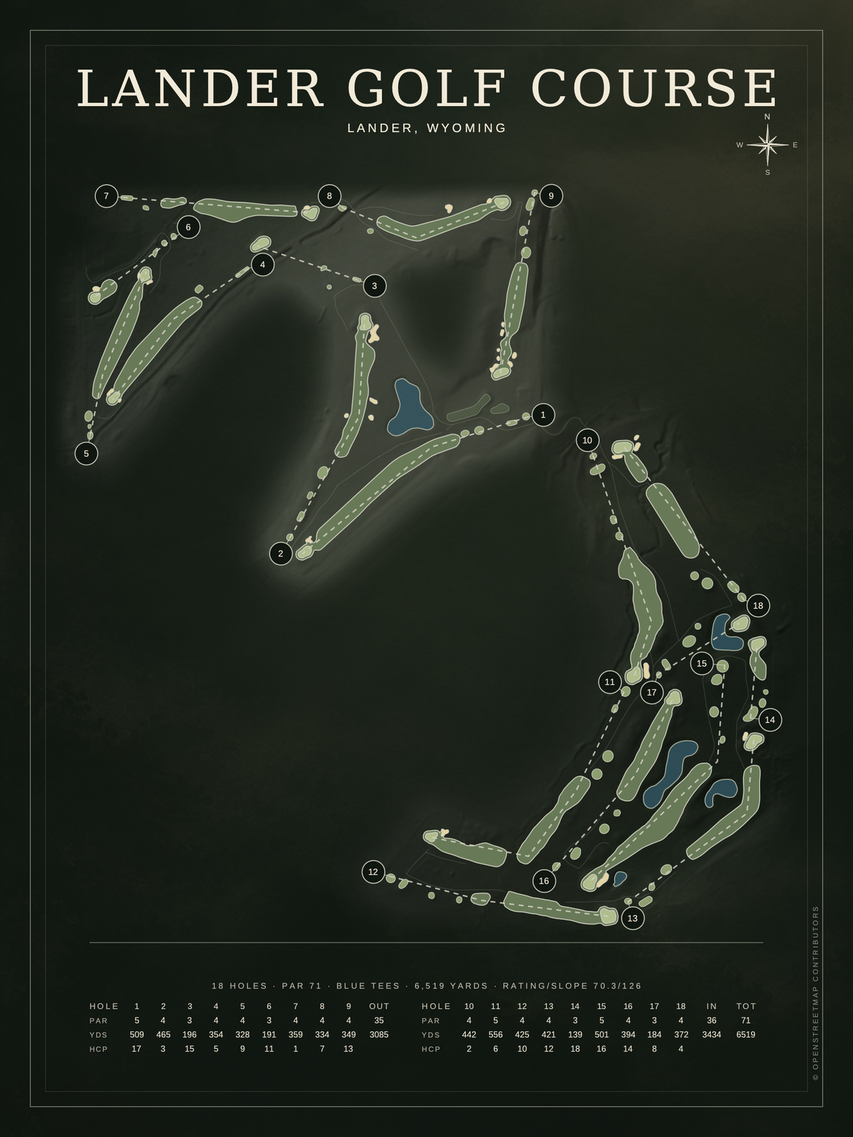 Lander Golf Course map poster, Architectural style, 12×16 / 18×24