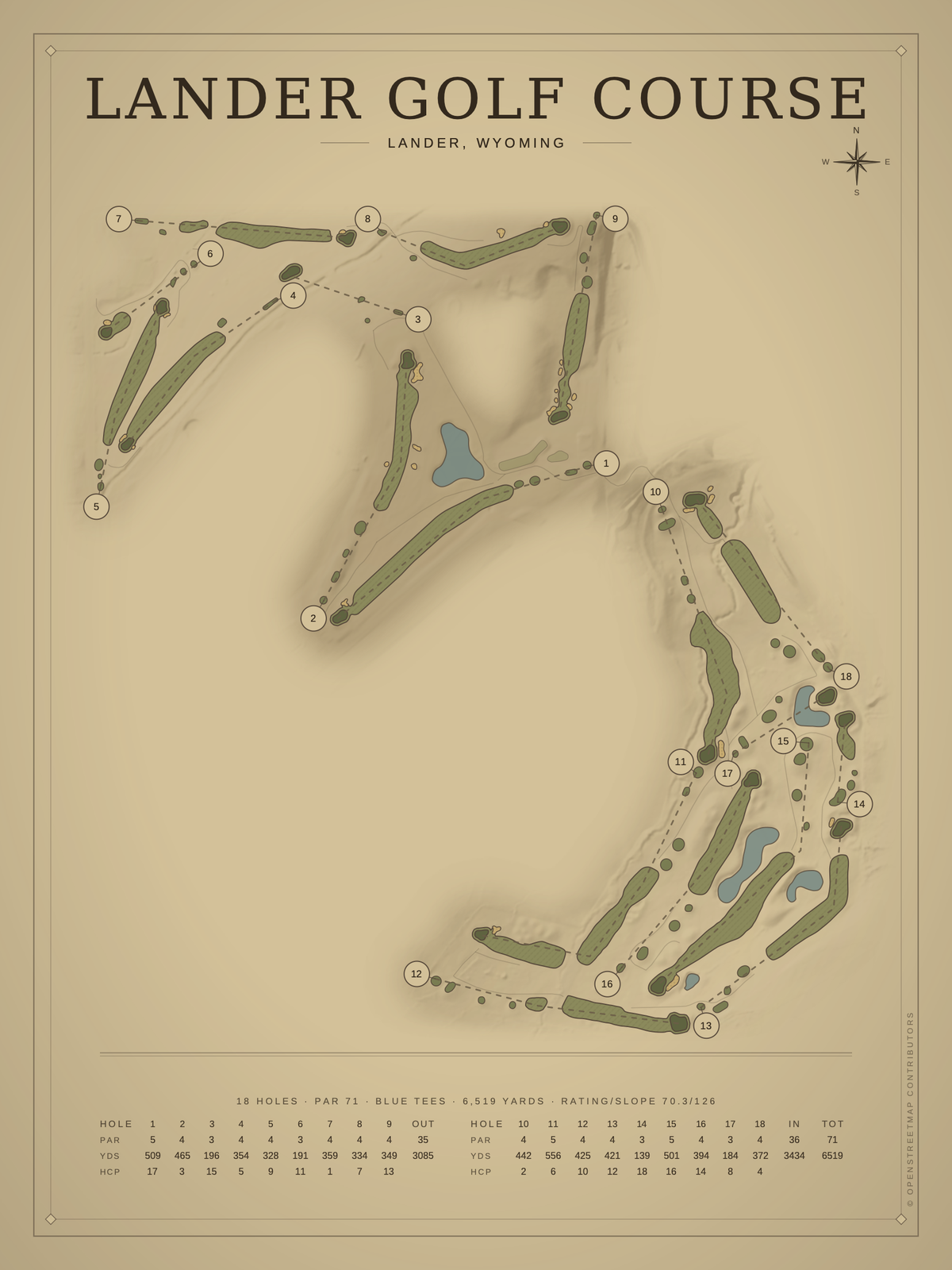 Lander Golf Course map poster, Vintage style, 12×16 / 18×24