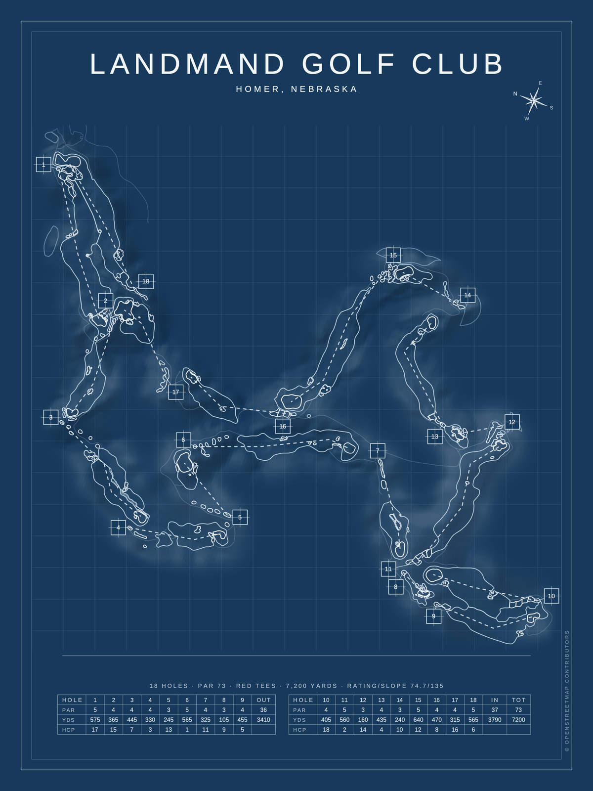 Landmand Golf Club course map poster, Blueprint style, 12×16 / 18×24