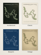 Landmand Golf Club course map poster in four styles: Architectural, Classic, Blueprint and Vintage