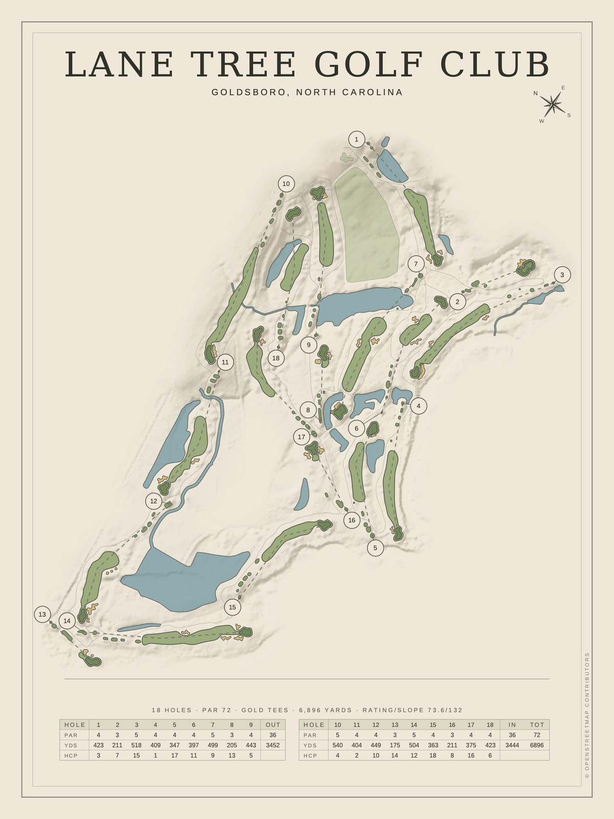 Lane Tree Golf Club course map poster, Classic style, 12×16 / 18×24