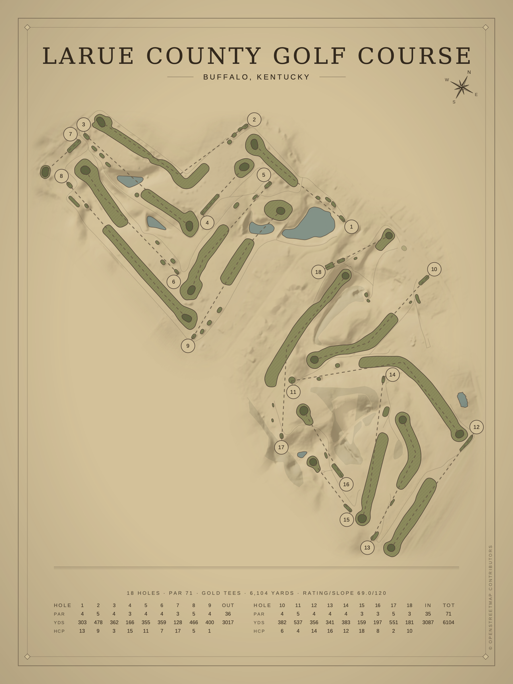 LaRue County Golf Course map poster, Vintage style, 12×16 / 18×24