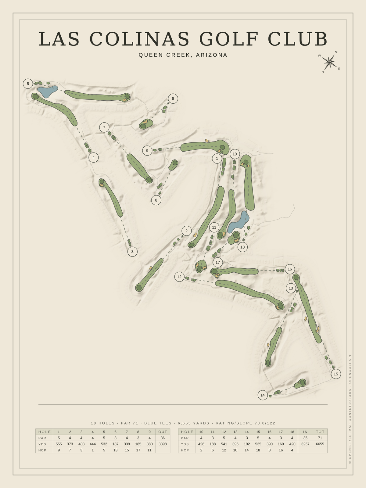 Las Colinas Golf Club course map poster, Classic style, 12×16 / 18×24