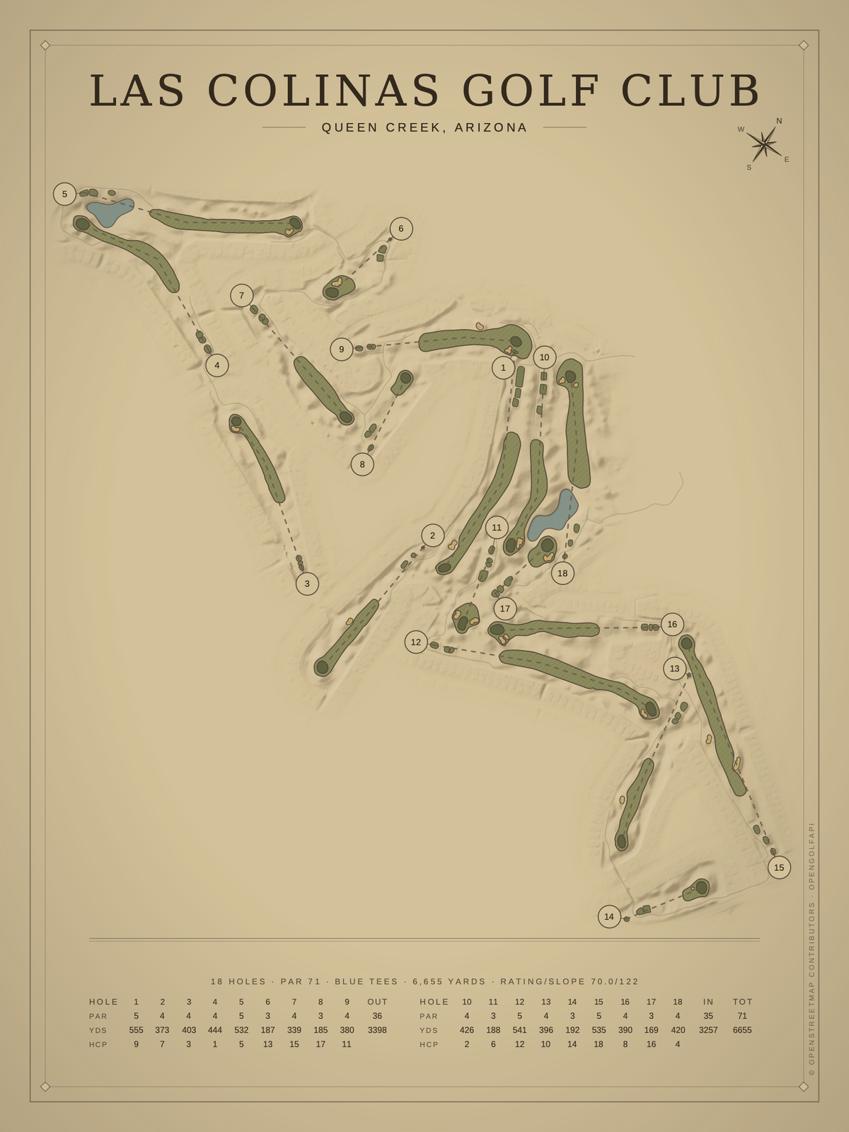 Las Colinas Golf Club course map poster, Vintage style, 12×16 / 18×24