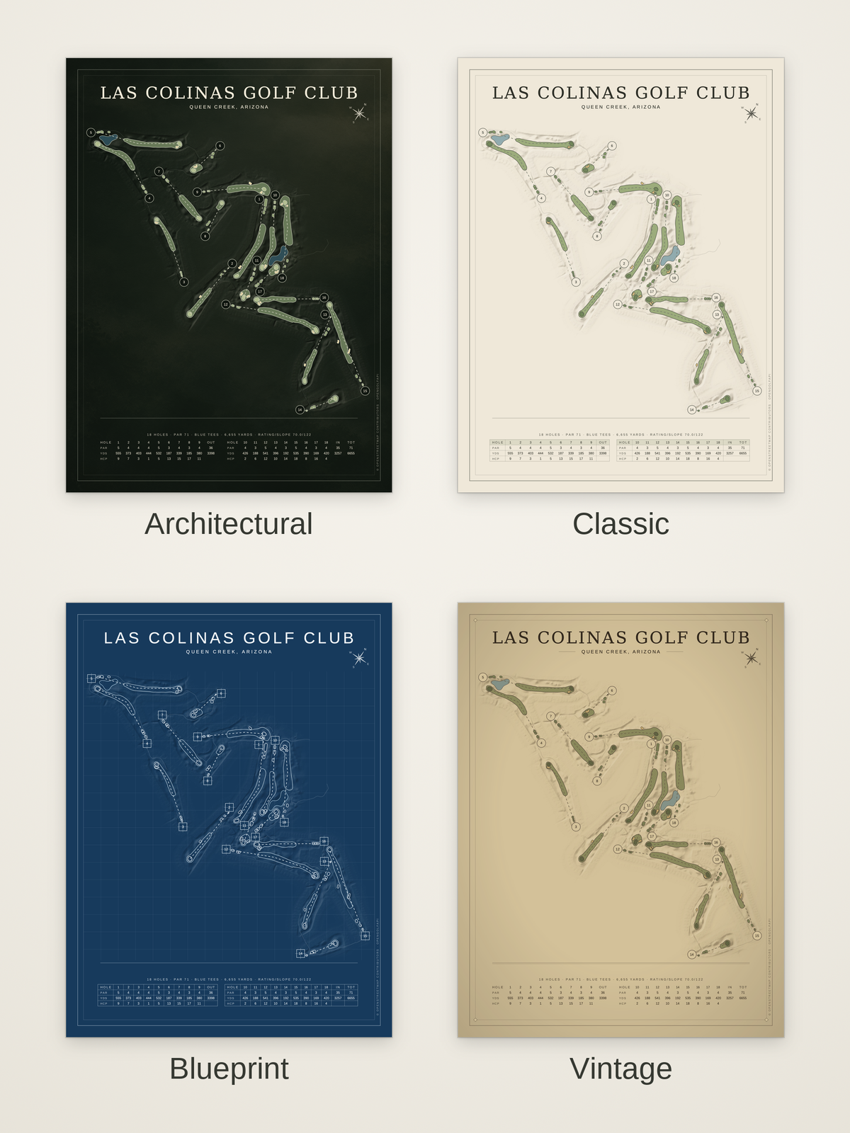 Las Colinas Golf Club course map poster in four styles: Architectural, Classic, Blueprint and Vintage