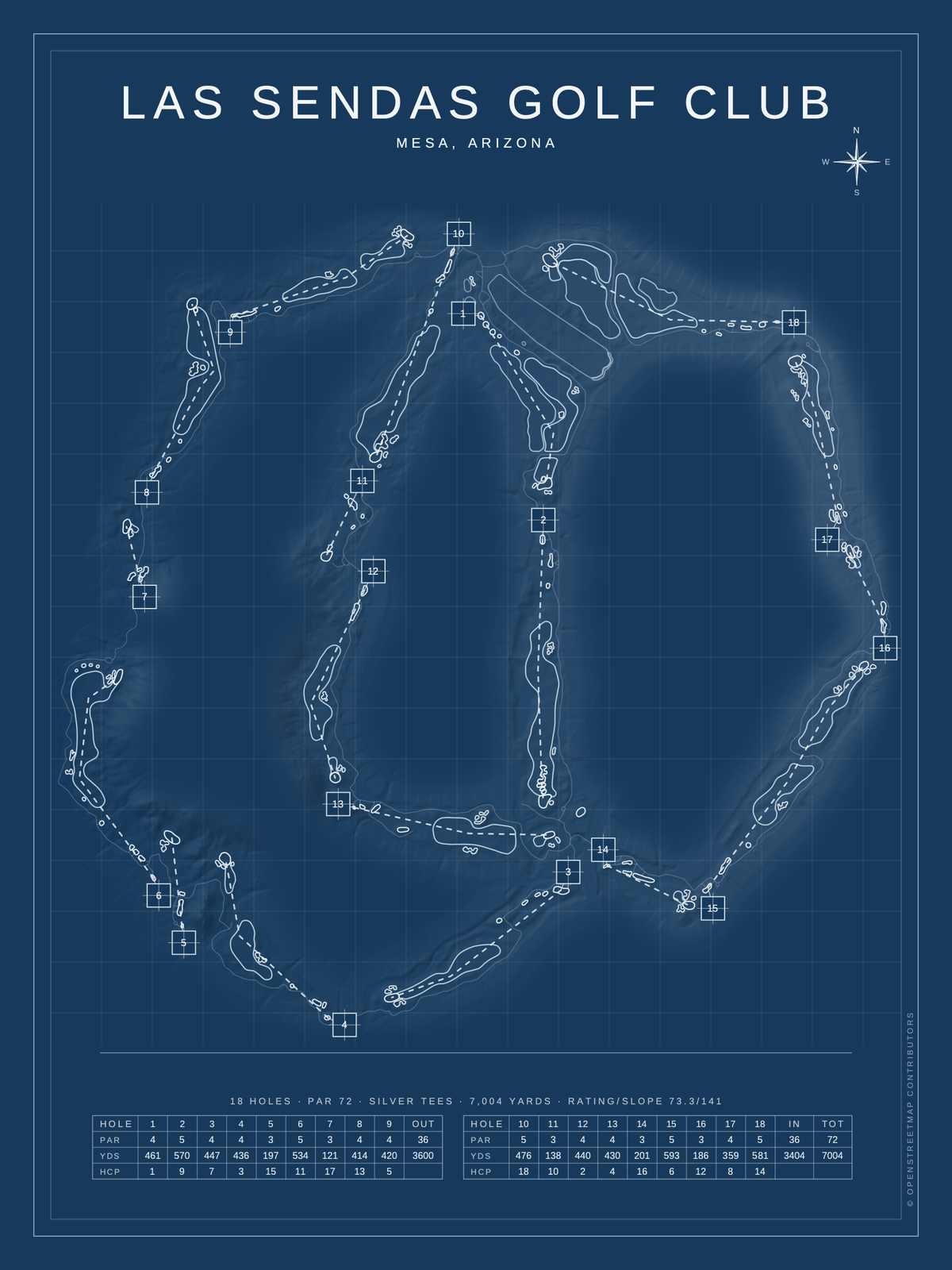 Las Sendas Golf Club course map poster, Blueprint style, 12×16 / 18×24