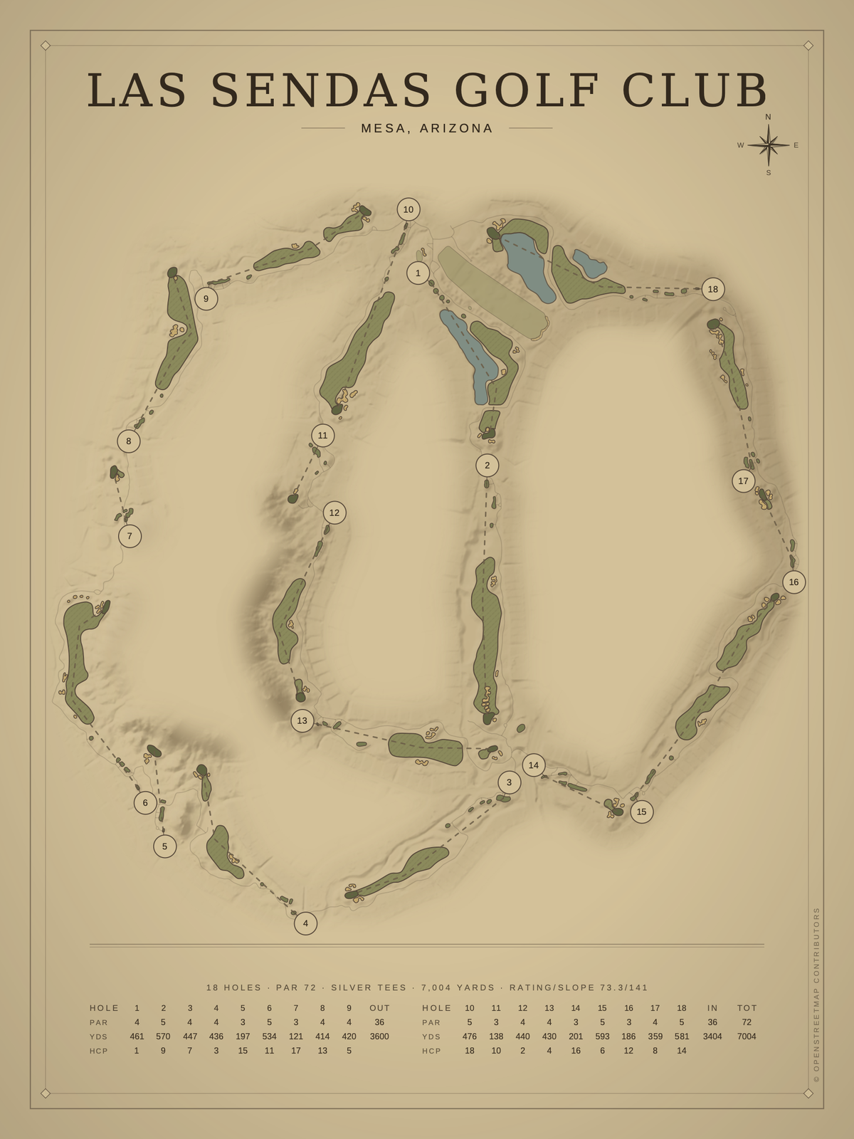 Las Sendas Golf Club course map poster, Vintage style, 12×16 / 18×24