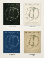 Las Sendas Golf Club course map poster in four styles: Architectural, Classic, Blueprint and Vintage
