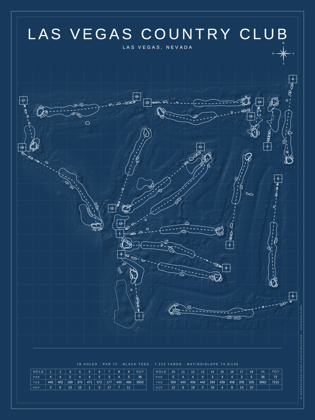 Las Vegas Country Club course map poster, Blueprint style, 12×16 / 18×24
