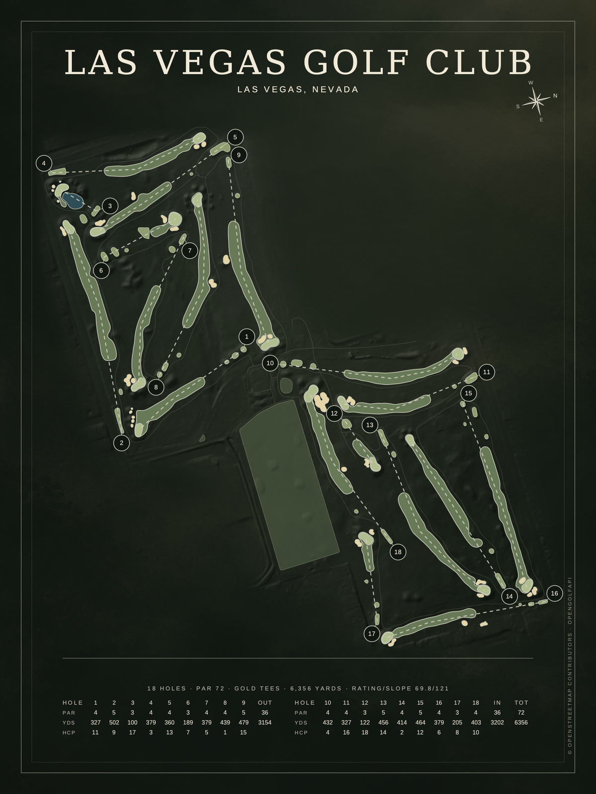 Las Vegas Golf Club course map poster, Architectural style, 12×16 / 18×24