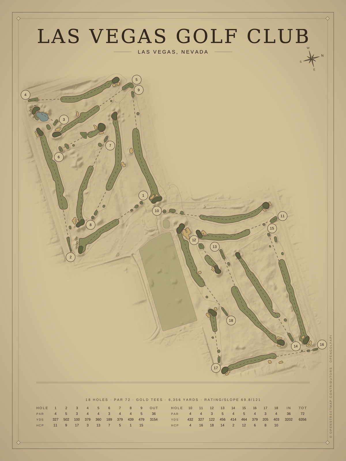 Las Vegas Golf Club course map poster, Vintage style, 12×16 / 18×24