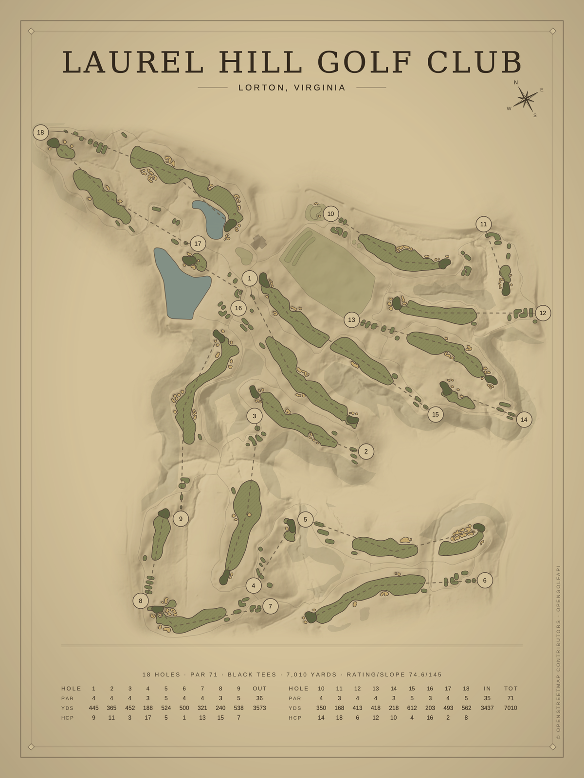 Laurel Hill Golf Club course map poster, Vintage style, 12×16 / 18×24