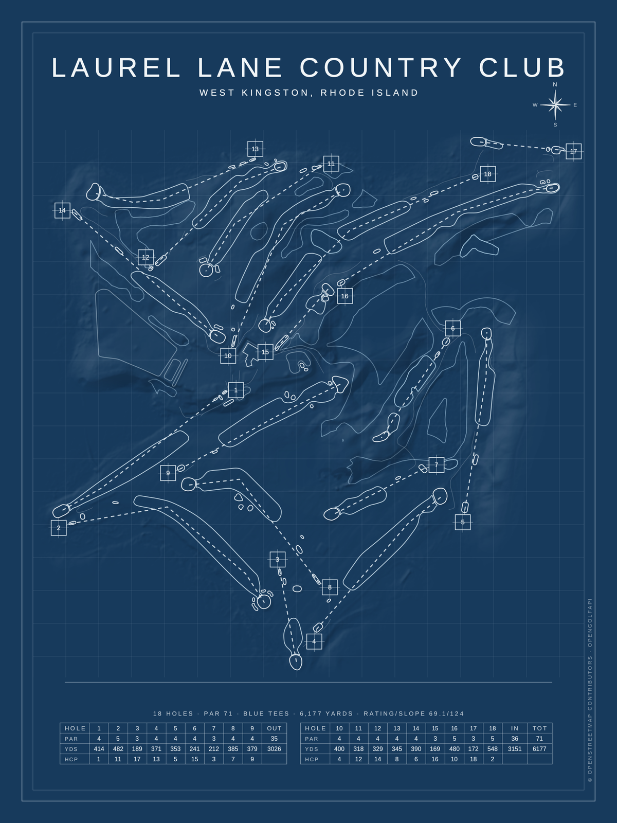 Laurel Lane Country Club course map poster, Blueprint style, 12×16 / 18×24