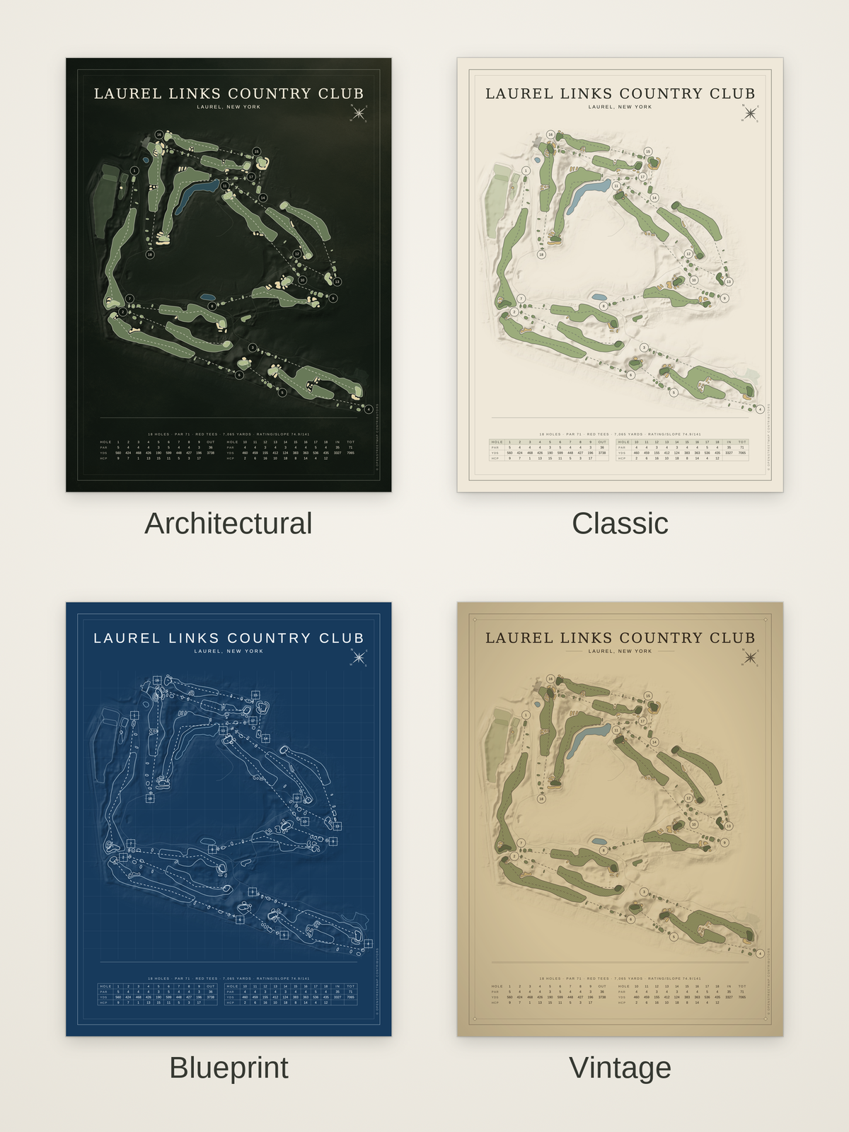 Laurel Links Country Club course map poster in four styles: Architectural, Classic, Blueprint and Vintage