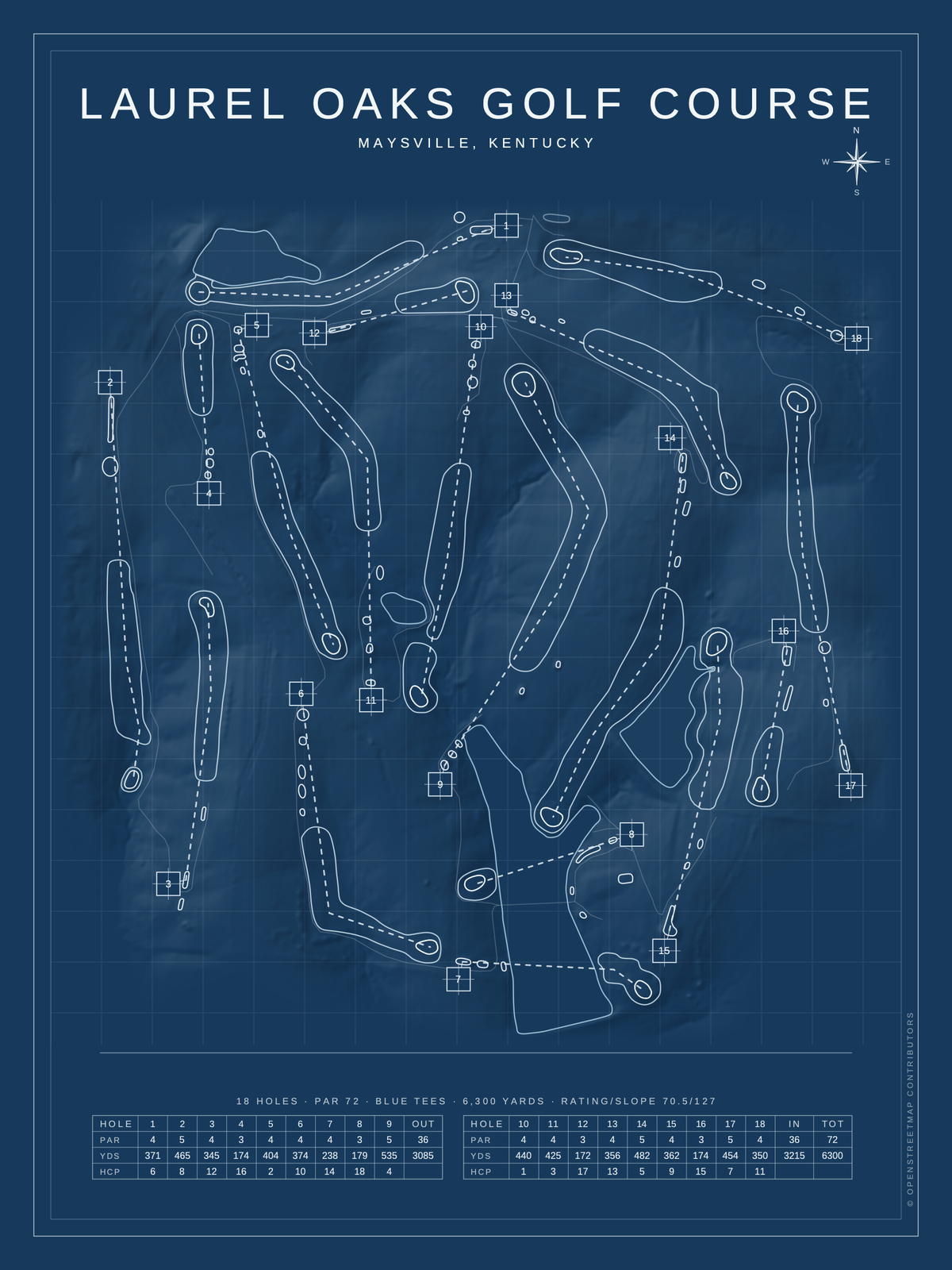 Laurel Oaks Golf Course map poster, Blueprint style, 12×16 / 18×24