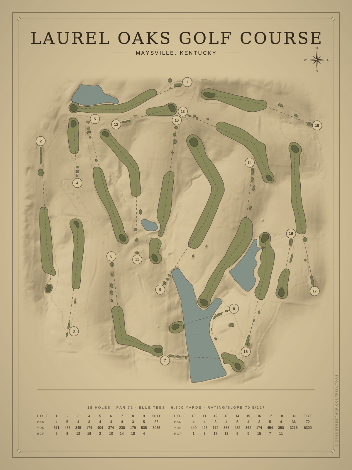 Laurel Oaks Golf Course map poster, Vintage style, 12×16 / 18×24