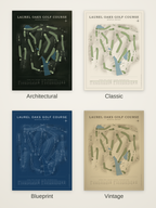 Laurel Oaks Golf Course map poster in four styles: Architectural, Classic, Blueprint and Vintage