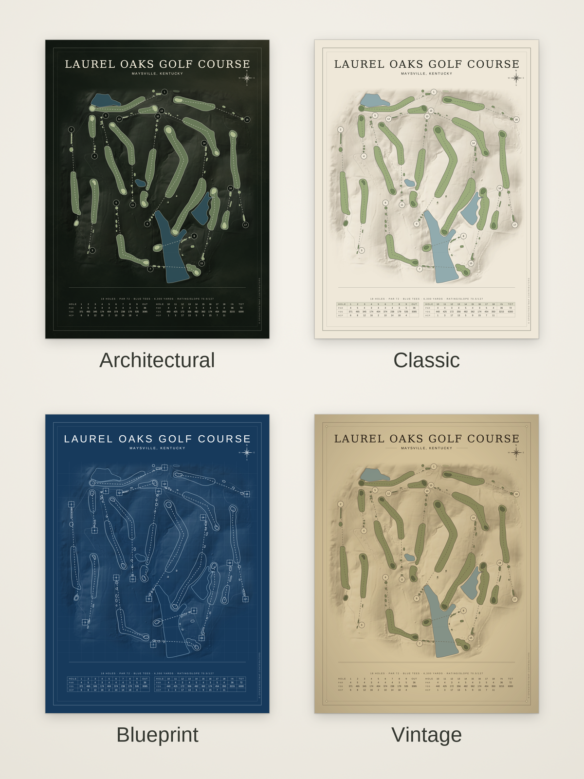 Laurel Oaks Golf Course map poster in four styles: Architectural, Classic, Blueprint and Vintage
