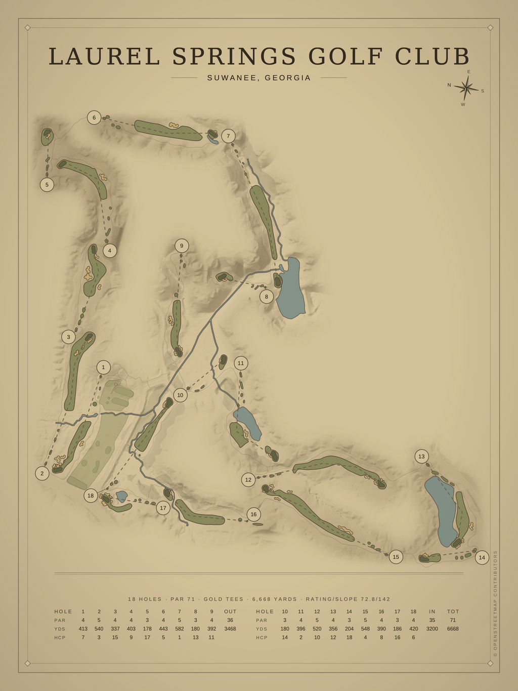 Laurel Springs Golf Club course map poster, Vintage style, 12×16 / 18×24